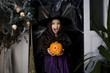 Girl in a witch's costume at a Hallowe'en party, holding a pumpkin