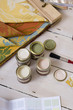 Colour swatches, fabric and paint samples