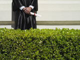 Photo: University student in graduation gown holding diploma, mid-section, hedge in foreground University student in graduation gown holding diploma, mid-section, hedge in foreground