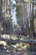 A young woman standing on a wooden bridge in a forest