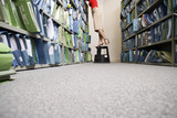 Photo: Woman searching for file in office archive, standing on top of footstool in aisle, side view, low section, surface level Woman searching for file in office archive, standing on top of footstool in aisle, side view, low section, surface level