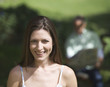 Close-up of a woman with long brown hair
