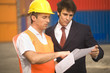 Male dock worker showing a document paper to a businessman