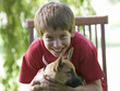 Young boy sitting in a garden chair holding a puppy
