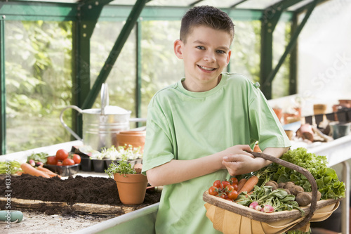 Young boy in greenhouse holding basket of vegetables smiling Young boy in greenhouse holding basket of vegetables smiling