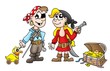 Pirate kids with duck and treasure