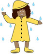 ethnic girl in rain coat playing in the rain