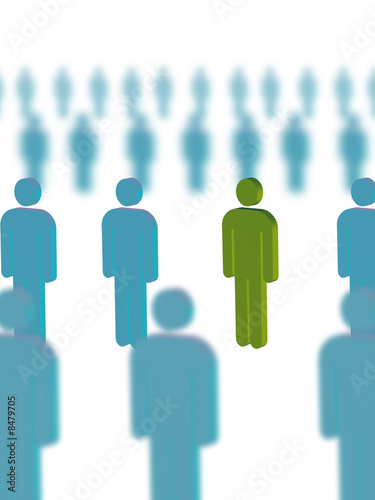 Illustration: A green man in a group of blue peoples A green man in a group of blue peoples