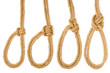 Four pieces of rope fastened in four different loops Four pieces of rope fastened in four different loops