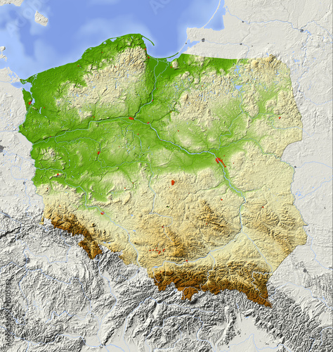 Poland, relief map, colored according to elevation|8505362