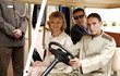 Couple being driven in cart by hotel bellboy