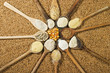 Various types of flour in many wooden spoons on wheat background