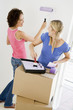 Two women painting room in new home smiling Two women painting room in new home smiling