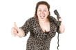 XXL-Model, Frau hat Freude am Telefon, Daumen hoch!
