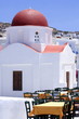Restaurant tables in front of church