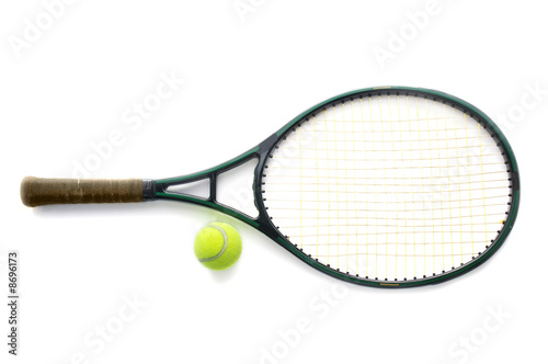 Photo: Tennis racket and ball, on white background Tennis racket and ball, on white background