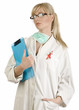 Blonde nurse with blue notepad