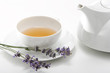 Tea and lavender. Isolated on white. Studio shot
