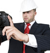male shooting with camera on isolated background.