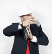 engineer holding phone on isolated background..