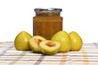 Plum jam and fresh fruits on square mat. Shallow depth of field Plum jam and fresh fruits on square mat. Shallow depth of field