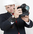 man doing photography on isolated background.