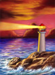 Lighthouse over a gorgeous sunset. Mixed media illustration