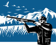Hunter aiming with duck in background