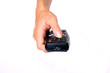 Women hand, click on button, turn off, tv
