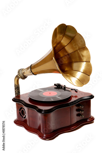 retro gramophone with disc isolated over white background