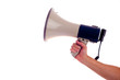 A caucasian hand holding a megaphone on a white background