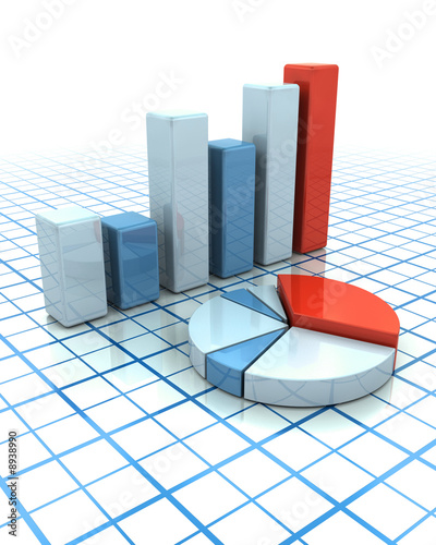 3D render of a bar chart and pie chart