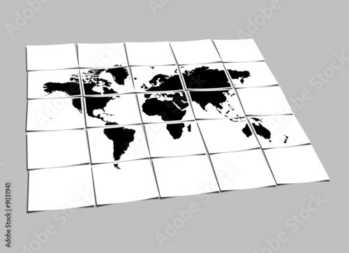 Illustration: World Map Concept of Separated Note Papers Abstract Background World Map Concept of Separated Note Papers Abstract Background