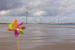Windmills and pinwheel on shore