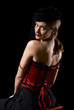 Attractive cabaret with net over her face looking back at camera Attractive cabaret with net over her face looking back at camera