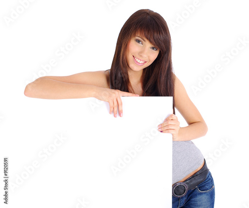 Beautiful woman holding empty white board
