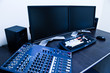 editing station with audio mixer and dual monitor