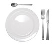 a place setting containing a plate, knife, fork and spoon