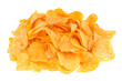 Heap of fried potato chips on white background.