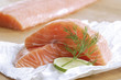 Raw salmon on foil with slice of lemon, close-up Raw salmon on foil with slice of lemon, close-up