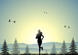 A young girl running at sunset in a forest