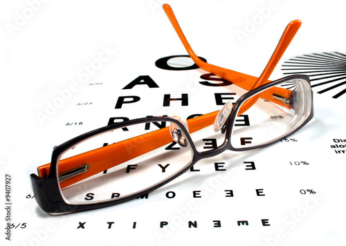 Photo : Reading glasses on eye chart Reading glasses on eye chart