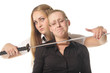 Two girls demonstrating difficuilt situation isolated over white