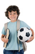 Student boy blond with a soccer ball over white background