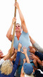 Group of people trying to hold down a strong young man.