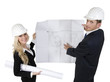 engineers reviewing blueprint on isolated background