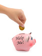 Piggy bank and hand with coin isolated on white background