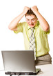 shocked businessman holding his hair, white background