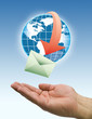 hands with world mail delivery in blue background