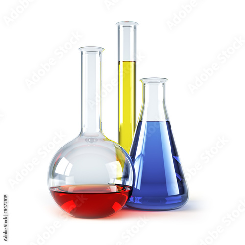 Illustration: chemical flasks with reagents isolated 3d rendering chemical flasks with reagents isolated 3d rendering